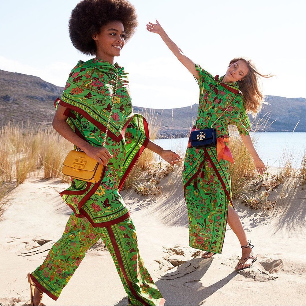 NWT $498 Tory Burch Belted Printed Cotton And Silk-blend Kaftan In Green
